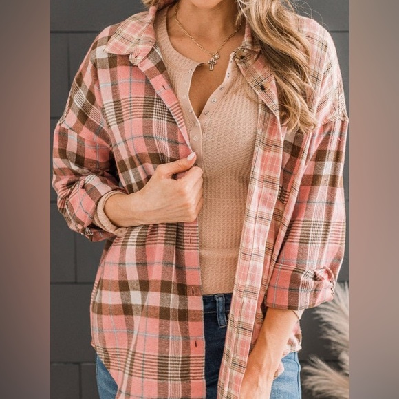 RESTOCKED Lightweight Spring Plaid Top, button down, pink/brown color pattern - Picture 9 of 15